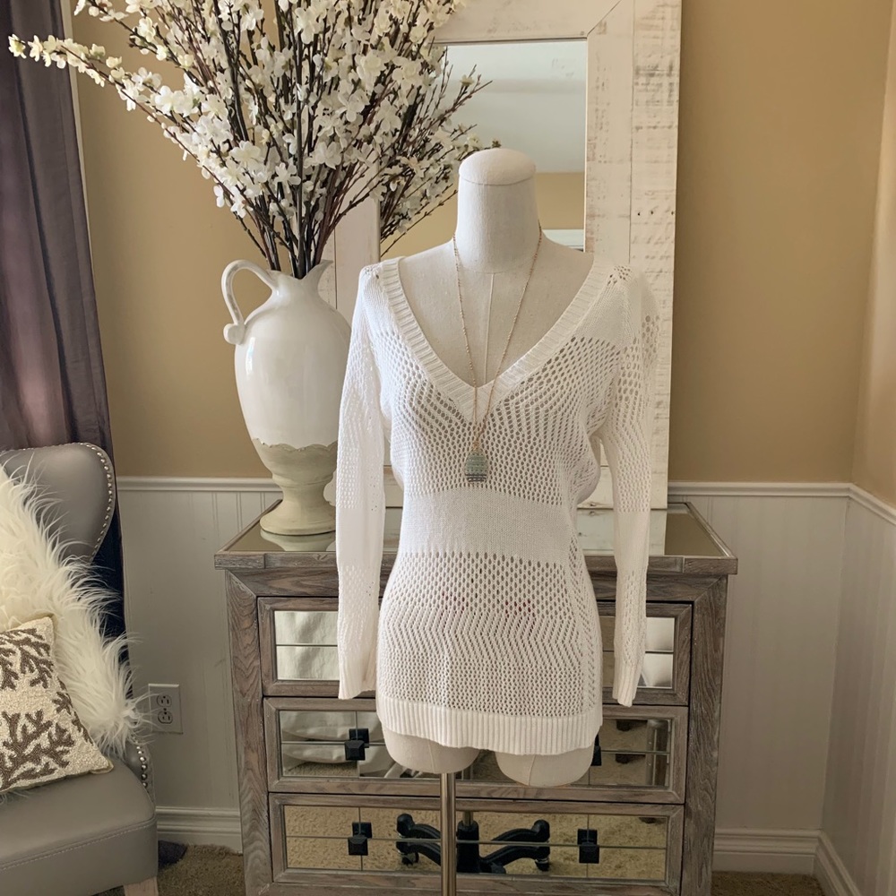 Cache White Crochet Knit sweater